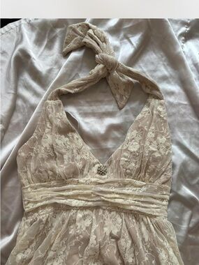 City Triangles Cream Lace One-Shoulder Halter Dress with Pearl Detail